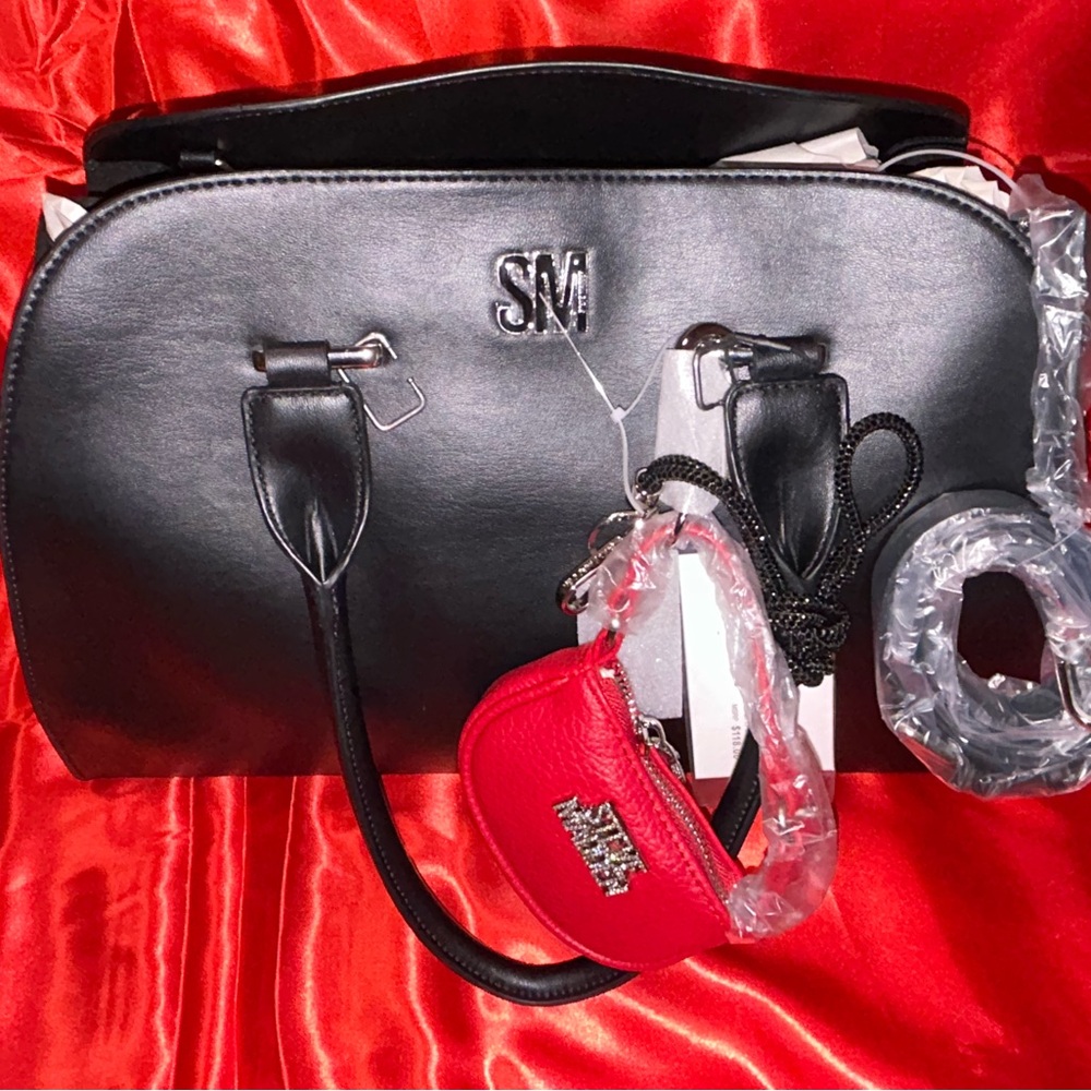 Stylish Black Satchel with Red Coin Pouch